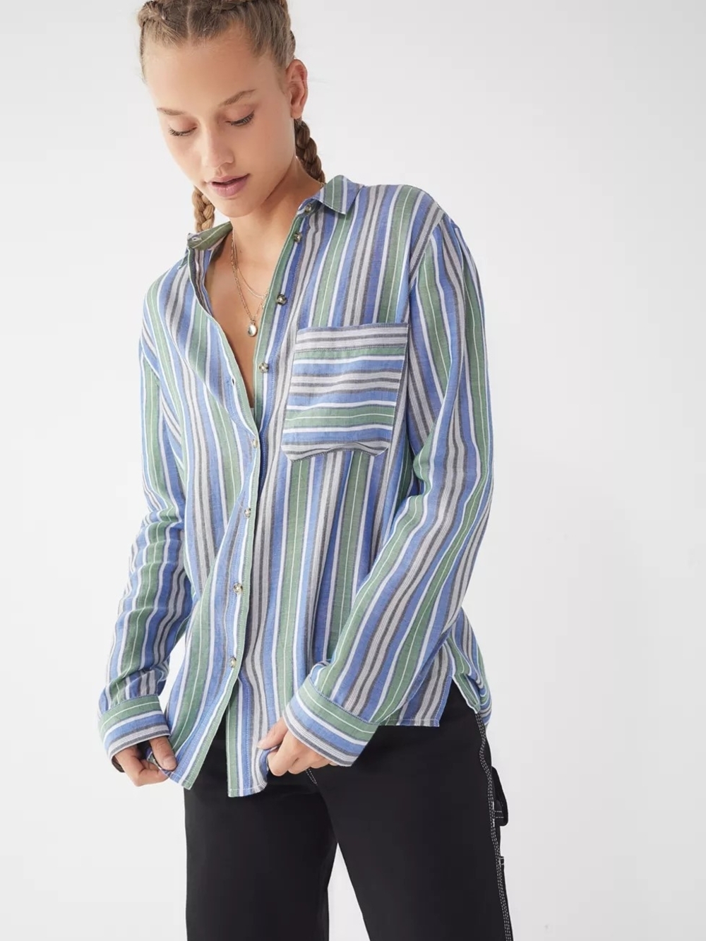 UO Sebastian Striped Button-Down Shirt Medium